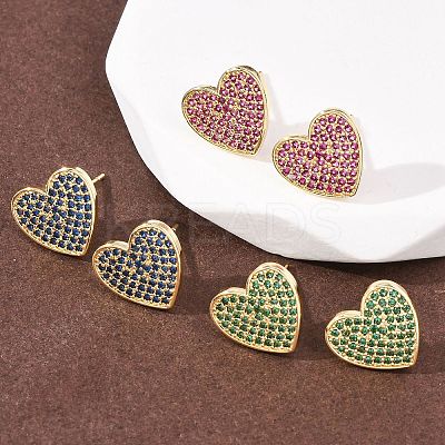 Heart Brass Micro Pave Cubic Zirconia Stud Earrings EJEW-H178-01G-1