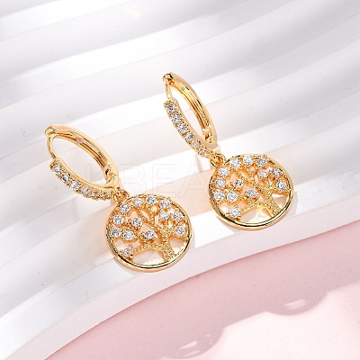 Tree Brass Micro Pave Clear Cubic Zirconia Hoop Earrings EJEW-F384-01G-1