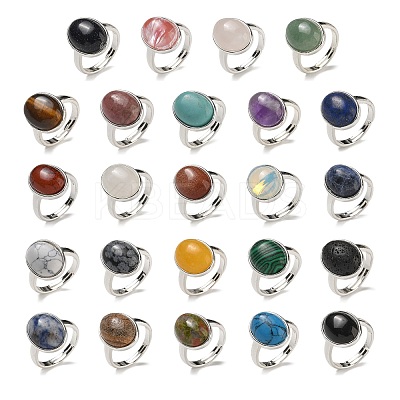 Natural & Synthetic Gemstone Oval Adjustable Rings RJEW-K371-07S-1
