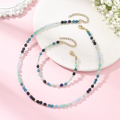 Natural White Jade & Amazonite & Apatite & Lapis Lazuli Round Beaded Necklaces and Bracelet Set SJEW-JS01382-1