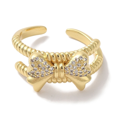 Bowknot Brass Micro Pave Clear Cubic Zirconia Open Cuff Rings for Women RJEW-C098-02G-1