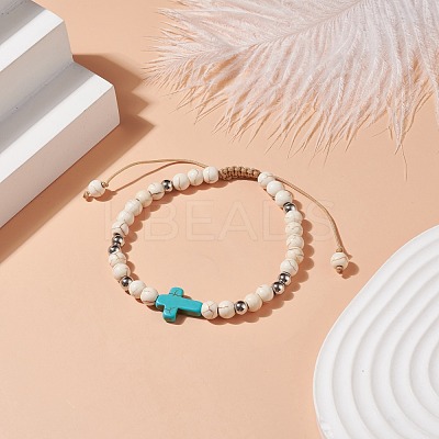 Synthetic Magnesite Braided Bead Bracelet with Synthetic Turquoise(Dyed) Cross BJEW-TA00146-01-1