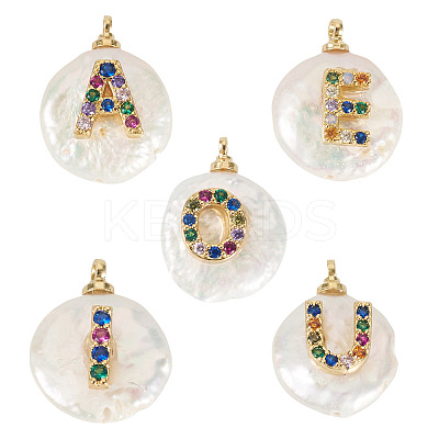 5Pcs 5 Styles Natural Cultured Freshwater Pearl Nuggets with Letter Pendants PEAR-TA0001-27-1