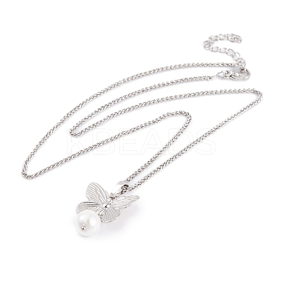 Butterfly Rack Plating Brass ABS Pearl Pendant Necklaces NJEW-S423-03P-1