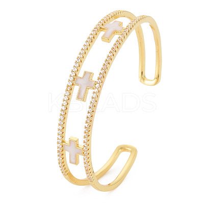 Clear Cubic Zirconia Cross Open Cuff Bangle with Enamel BJEW-S141-025-1