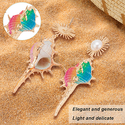 3 Pairs 3 Colors Golden Alloy Sun with Shell Shape Dangle Stud Earrings EJEW-AN0004-40-1