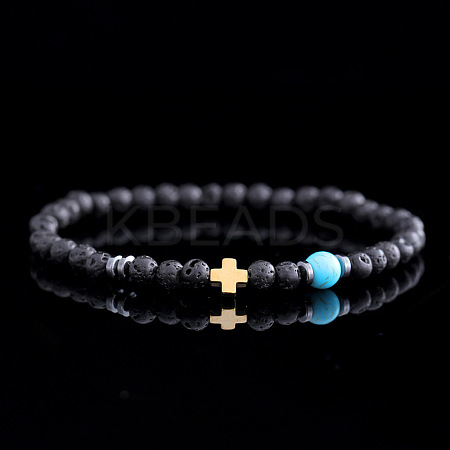 Natural Lava Rock & Synthetic Turquoise Round & Synthetic Non-magnetic Hematite Corss Beaded Stretch Bracelets LS-SL0705-1