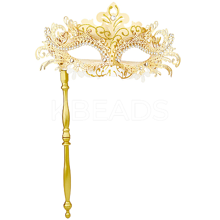 Plastic Rhinestone Masquerade Masks with Alloy Holding Stick AJEW-WH0270-891B-1
