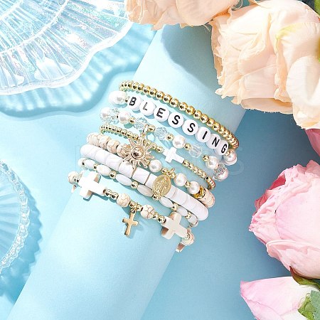 8Pcs 8 Styles Natural & Synthetic Gemstone & Glass & Handmade Polymer Clay & Acrylic Beads Stretch Bracelet Sets BJEW-JB12096-1