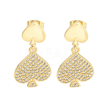 Spades Brass Pave Clear Cubic Zirconia Dangle Stud Earrings EJEW-M258-33G-1