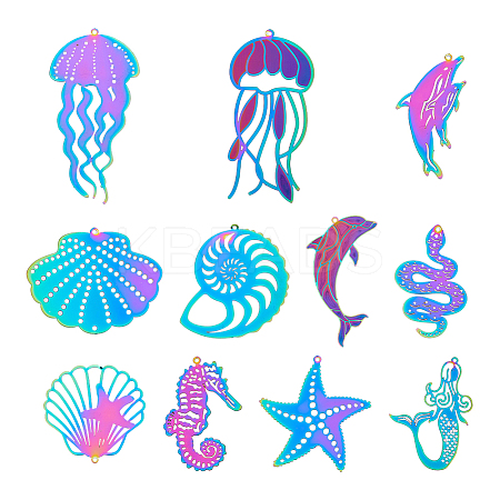 22Pcs 11 Styles Stainless Steel Etched Metal Embellishments Pendants STAS-HS0001-52-1