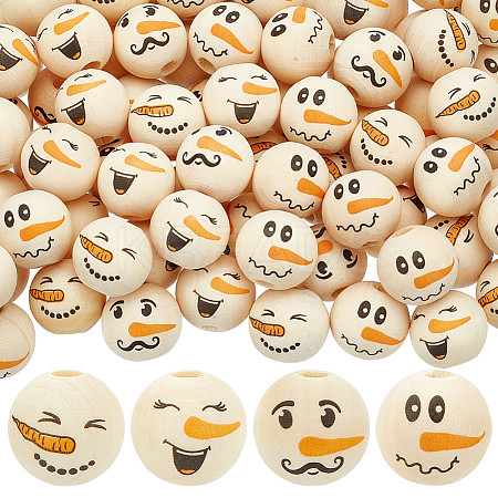 80Pcs 4 Styles Snowman Theme Printed Wood European Beads WOOD-PH0003-04B-1