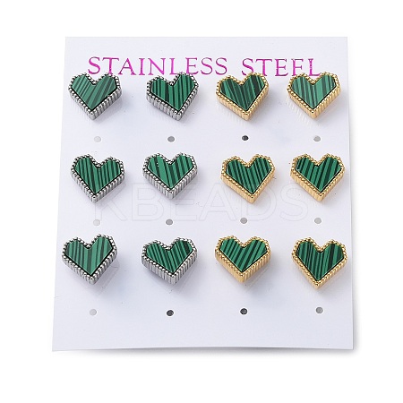 6 Pair 2 Color Synthetic Malachite Heart Stud Earrings EJEW-A024-11-1