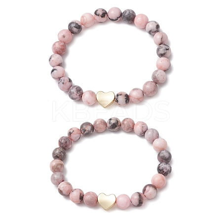 2Pcs Natural Pink Zebra Jasper Beaded Stretch Bracelets BJEW-JB11192-1