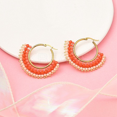 304 Stainless Steel & Bohemian Beaded Fan Hoop Earrings for Women EJEW-R001-01G-04-1