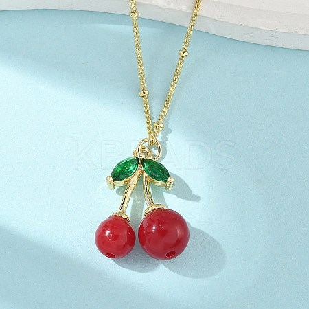 Brass Resin Fruit Cherry Pendant Satellite Chain Necklaces with Green Cubic Zirconia Leaf for Women NJEW-D306-03G-1