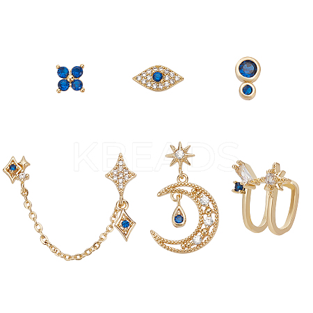 6Pcs 6 Style Flower & Square & Star & Moon Cubic Zirconia Stud Earrings EJEW-AN0003-31-1