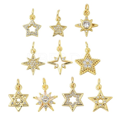 10Pcs 10 Styles Star Brass Micro Pave Clear Cubic Zirconia Charms KK-CJ0002-43-1