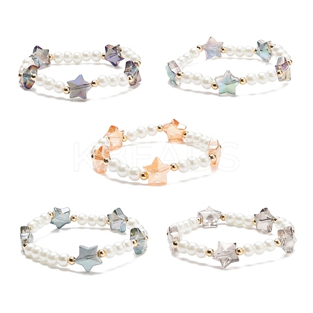 Glass Pearl & Star Beaded Stretch Bracelet for Women BJEW-JB08389-1