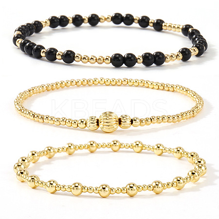 3Pcs Glass & Brass Round Beads Stretch Bracelets HD9470-4-1