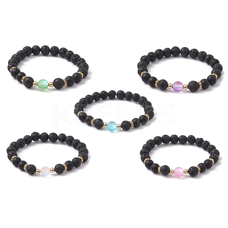 Natural & Synthetic Mixed Gemstone Round Beaded Stretch Bracelet BJEW-JB10009-1