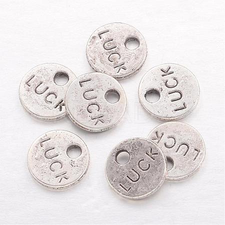 Flat Round Carved Word Luck Tibetan Style Alloy Message Charms TIBEP-A123975-AS-LF-1
