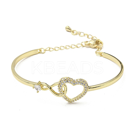 Infinity Heart Brass with Clear Cubic Zirconia Cuff Bangle with Safety Chains BJEW-L683-02G-1