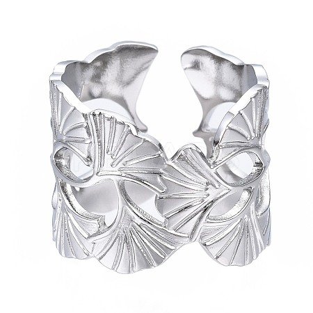 Non-Tarnish 304 Stainless Steel Ginkgo Leaf Wrap Open Cuff Ring LS-RJEW-T023-28P-1