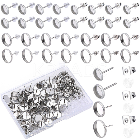 80Pcs 4 Style Flat Round 304 Stainless Steel Earring Settings STAS-SP0001-60-1