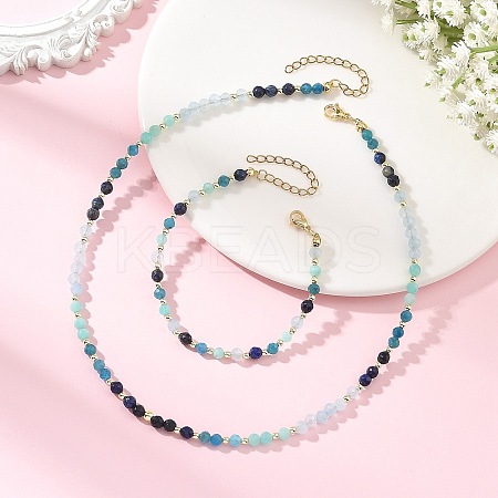 Natural White Jade & Amazonite & Apatite & Lapis Lazuli Round Beaded Necklaces and Bracelet Set SJEW-JS01382-1