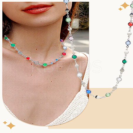 1Pc Brass & Alloy Colorful Glass Flat Round Link Chain Necklaces NJEW-LP0002-85P-1
