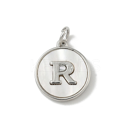 Brass Pave Natural Shell Flat Round with Letter Charms KK-Z115-13P-R-1