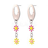Oval with Flower Enamel Long Dangle Stud Earrings EJEW-N049-05A-1