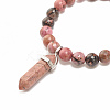 Natural Rhodonite Round Beaded Stretch Bracelet with Bullet Shape Charm BJEW-JB08310-01-4