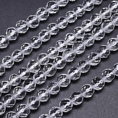 Faceted(64 Facets) Natural Quartz Crystal Round Beads Strands G-L411-34-8mm-1