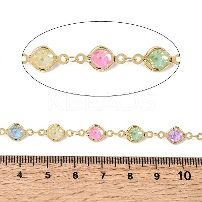 Colorful Handmade Flat Round Brass with Glass Link Chains CHC-K017-03G-1