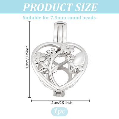 1Pc Rhodium Plated 925 Sterling Silver Heart Bead Cage Pendants STER-HY0001-05-1