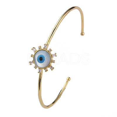 Shell Evil Eye Open Cuff Bangle with Synthetic Turquoise BJEW-N012-041-1