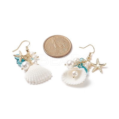 Shell Pearl & Glass & Starfish Cluster Dangle Earrings EJEW-TA00208-1