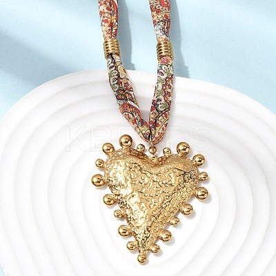 304 Stainless Steel Heart Pendant Printed Silk Ribbon Necklaces for Women NJEW-A063-11G-1
