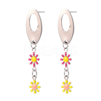 Oval with Flower Enamel Long Dangle Stud Earrings EJEW-N049-05A-1