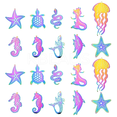 20Pcs 10 Styles Ion Plating(IP) 201 Stainless Steel Etched Metal Embellishments Pendants STAS-FS0001-52-1