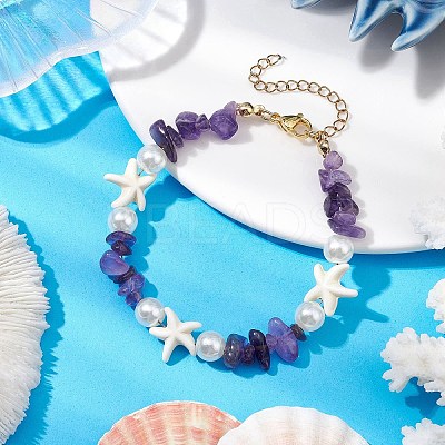 Starfish Synthetic Turquoise & Natural Mixed Gemstone Chip Beaded Bracelets for Women BJEW-JB11264-1