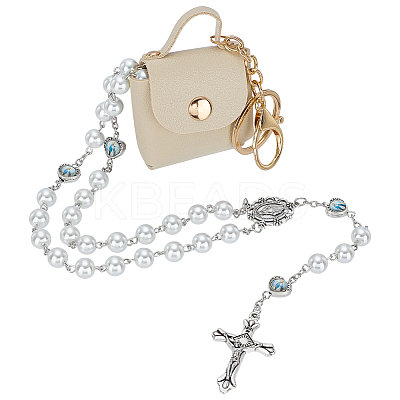 1Pc Jesus Cross Virgin Zinc Alloy Pendant White Glass Pearl Round Rosary Bead Necklaces for Women Men NJEW-FG0001-22-1
