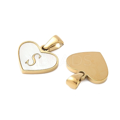 304 Stainless Steel Pave Natural White Shell Heart with Initial Slice Pendants STAS-R168-25G-S-1