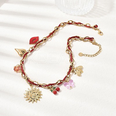 304 Stainless Steel Sun Heart Bees Red Enamel Lip Cherry Pendant Dark Red Cord Necklaces for Women NJEW-A063-09G-1