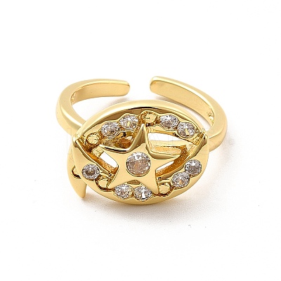 Clear Cubic Zirconia Moon & Star Open Cuff Ring RJEW-C055-03G-1