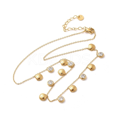 304 Stainless Steel Clear Cubic Zirconia Flat Round & Shell Shaped Bib Necklaces for Women NJEW-U031-08G-02-1