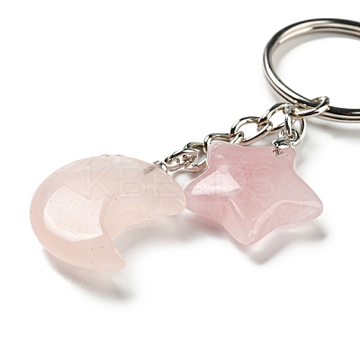 Reiki Natural Rose Quartz Moon & Star Pendant Keychains KEYC-P015-02P-04-1