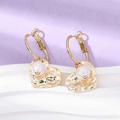 Heart Brass & Natural Pearl Hoop Earrings EJEW-Z159-03G-1